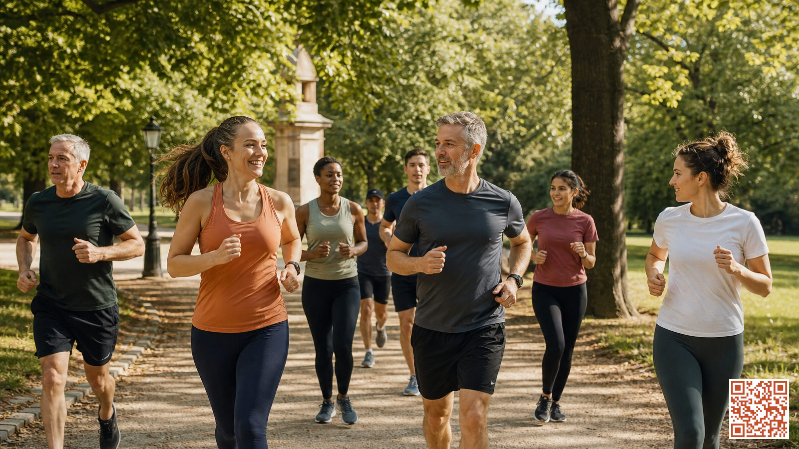 Groupe de coureurs de tous niveaux se rassemblant dans un parc pour un parkrun le samedi matin