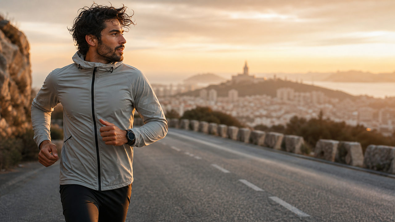 Coureur sur route urbaine consultant sa montre GPS lors d'une sortie longue en préparation marathon 3h45