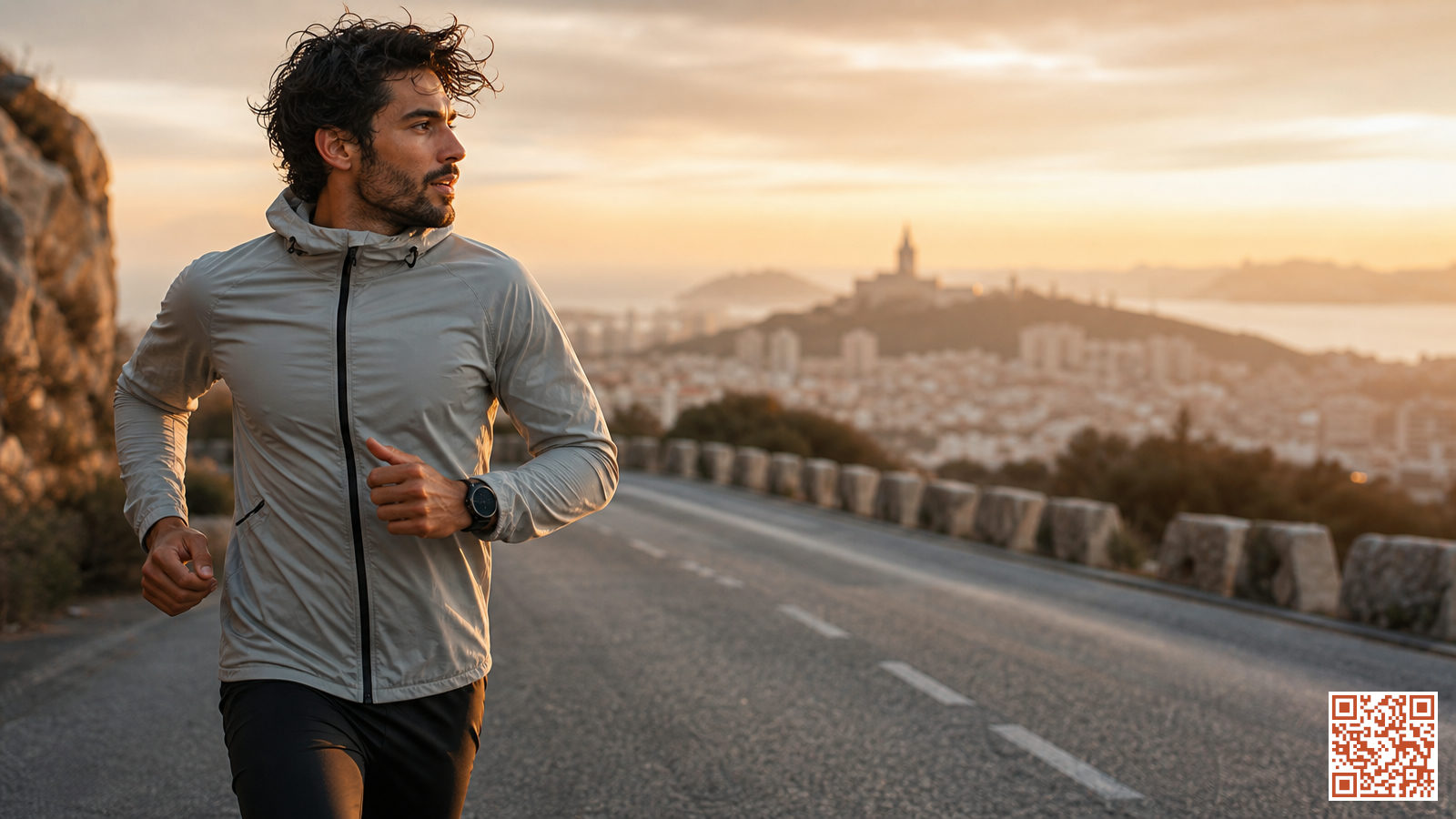 Coureur sur route urbaine consultant sa montre GPS lors d'une sortie longue en préparation marathon 3h45