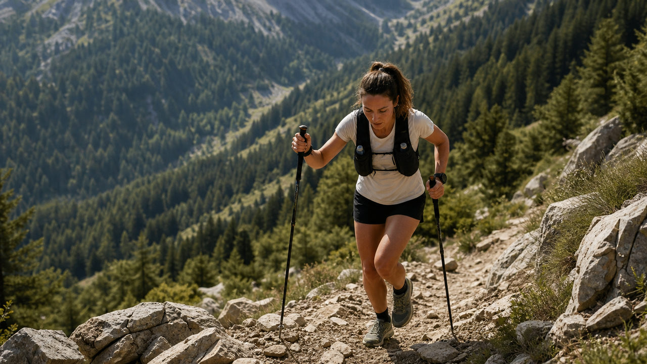 Coureur de trail en montée sur un sentier rocheux avec forêt en arrière-plan