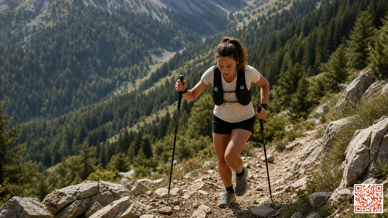 Coureur de trail en montée sur un sentier rocheux avec forêt en arrière-plan