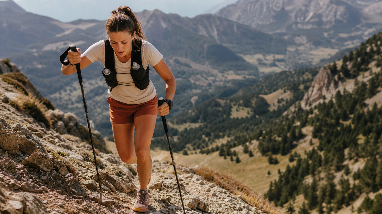 Coureur de trail en ascension sur un sentier technique de montagne avec des bâtons de trail