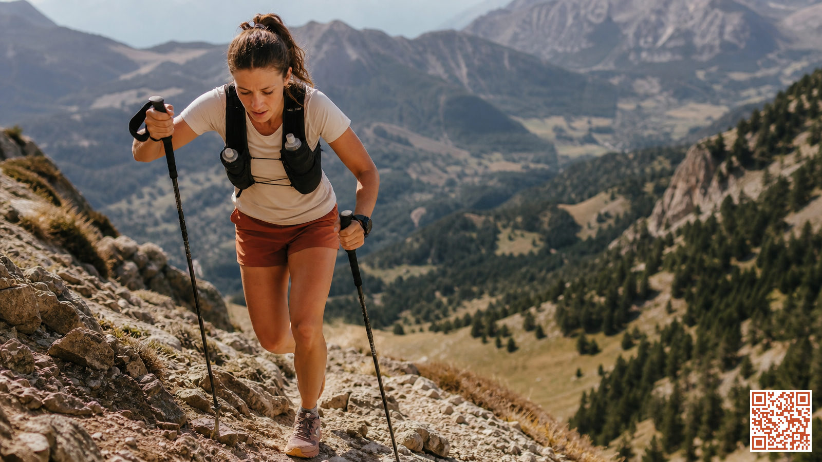 Coureur de trail en ascension sur un sentier technique de montagne avec des bâtons de trail