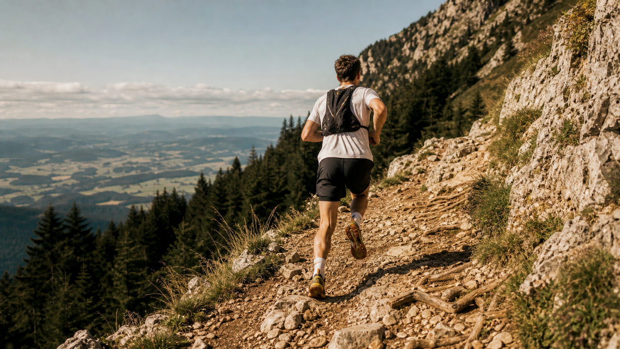 Coureur de trail en montée sur un sentier rocheux avec dénivelé positif et paysage montagneux en arrière-plan