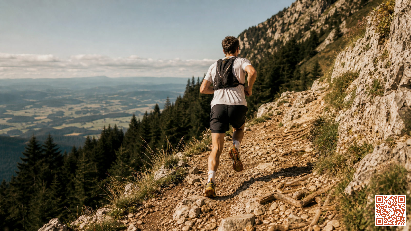 Coureur de trail en montée sur un sentier rocheux avec dénivelé positif et paysage montagneux en arrière-plan