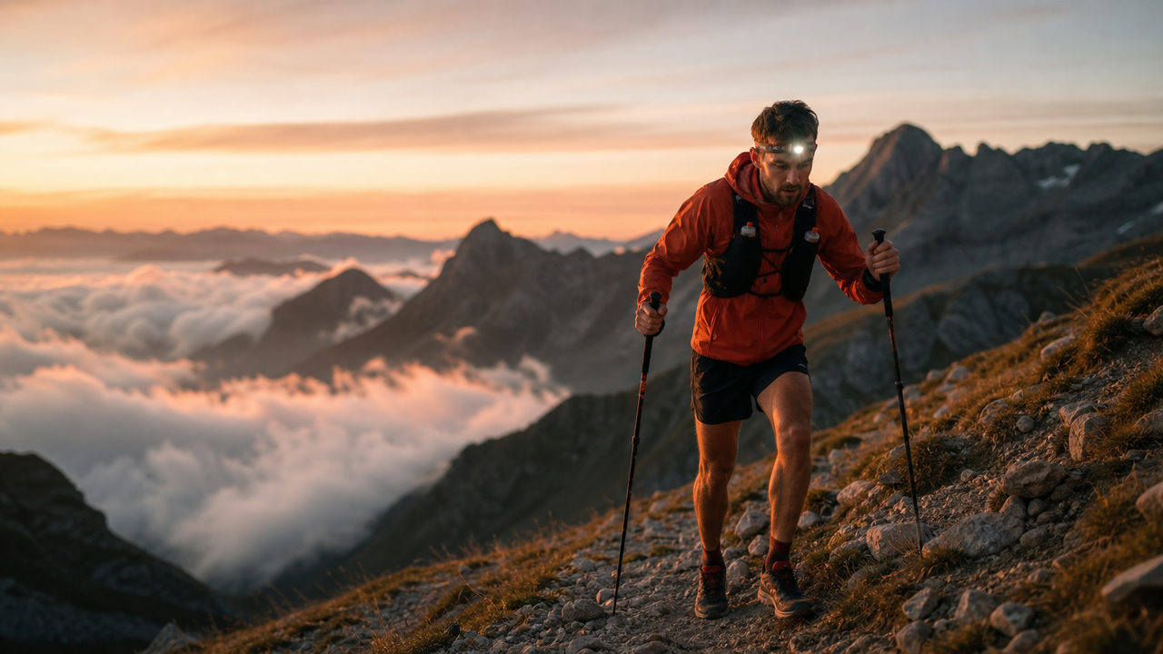 Coureur d'ultra-trail sur un sentier de montagne à l'aube, frontale allumée et gilet d'hydratation, paysage alpin rocheux en arrière-plan