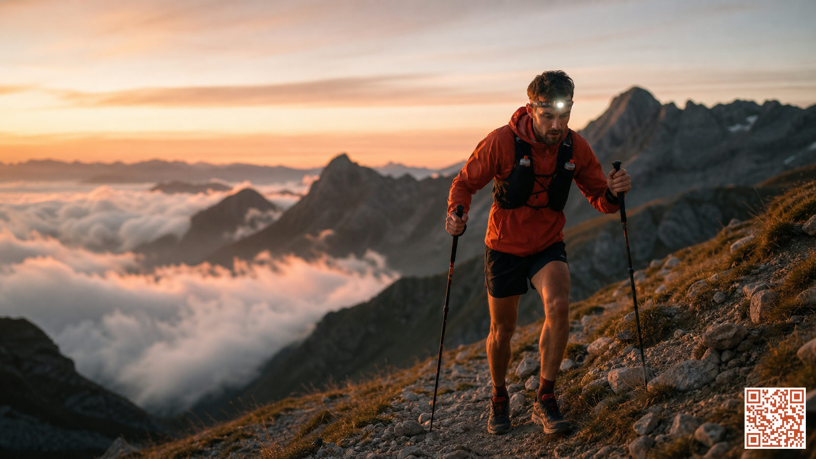Coureur d'ultra-trail sur un sentier de montagne à l'aube, frontale allumée et gilet d'hydratation, paysage alpin rocheux en arrière-plan