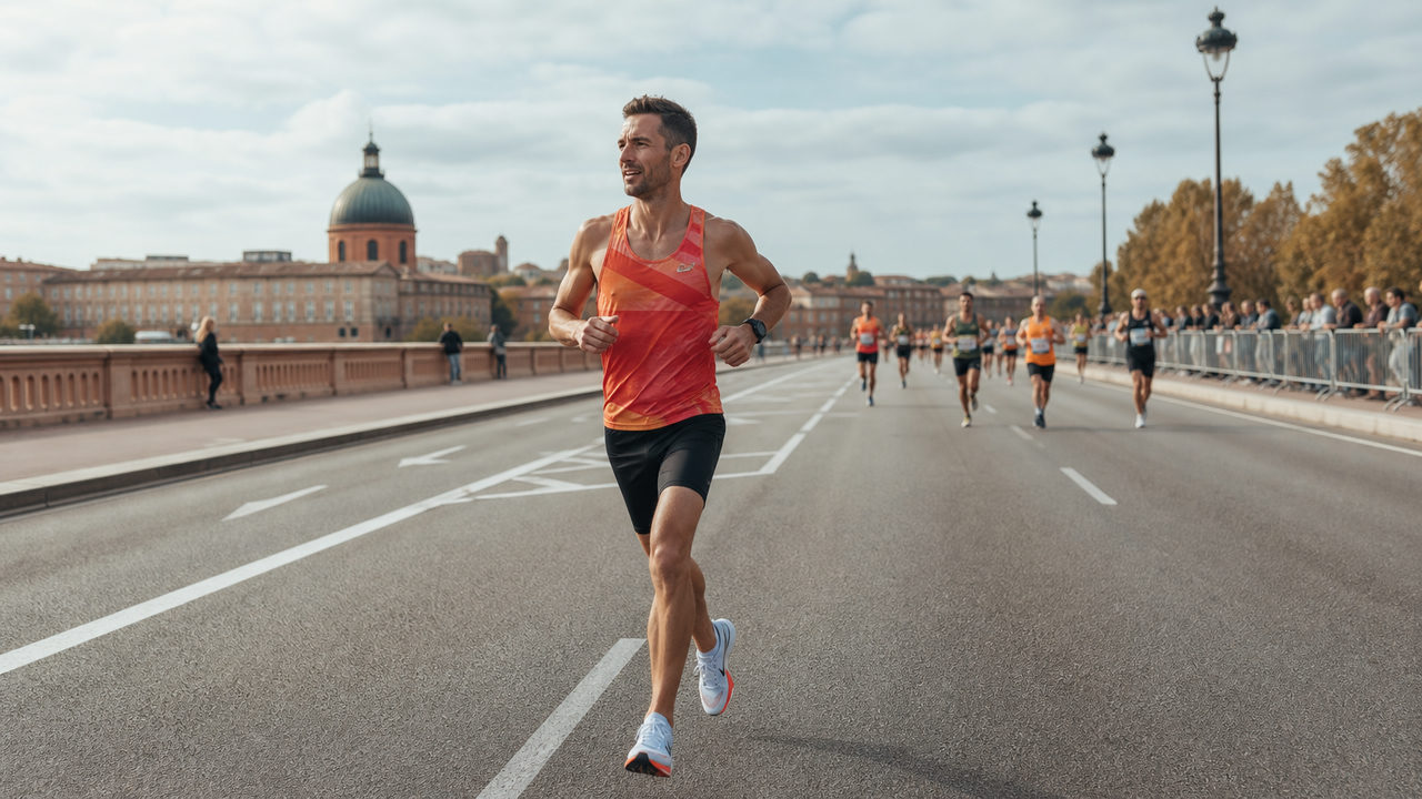 Coureur en tenue de compétition sur une route de marathon urbain, montre GPS au poignet, visant les 3 heures