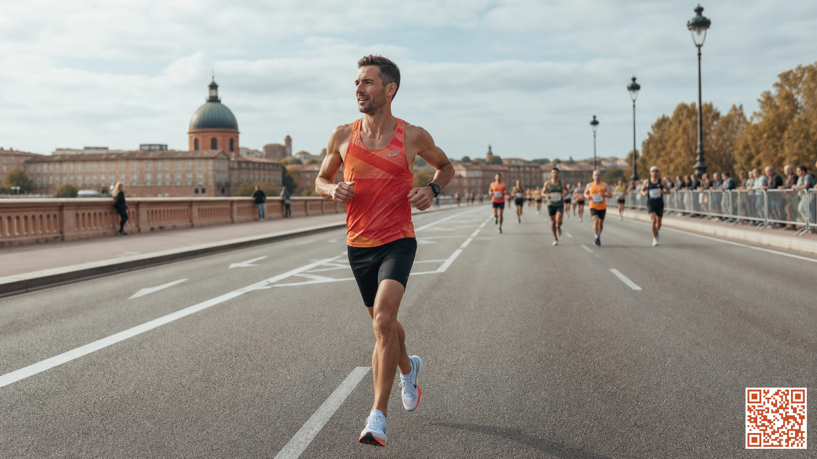 Coureur en tenue de compétition sur une route de marathon urbain, montre GPS au poignet, visant les 3 heures