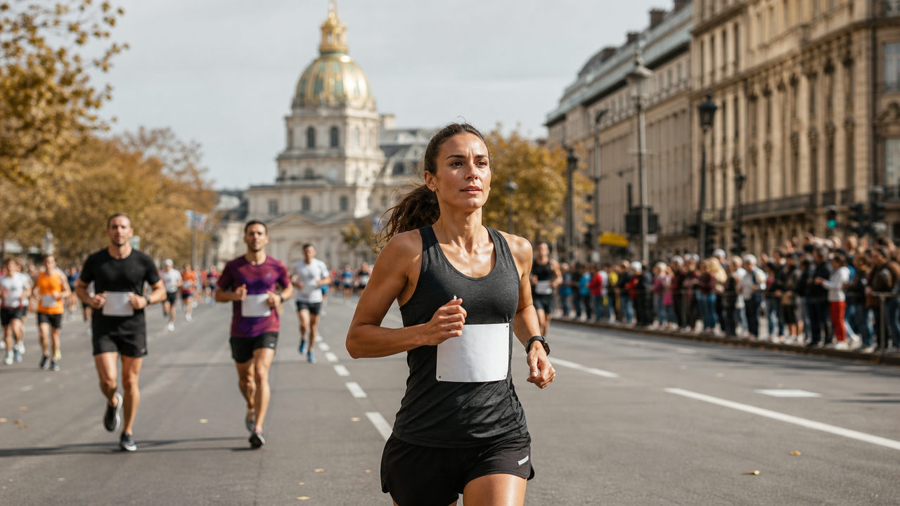 Coureur en compétition lors d'un marathon urbain maintenant son allure cible sur un boulevard
