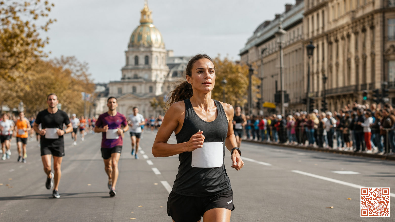 Coureur en compétition lors d'un marathon urbain maintenant son allure cible sur un boulevard
