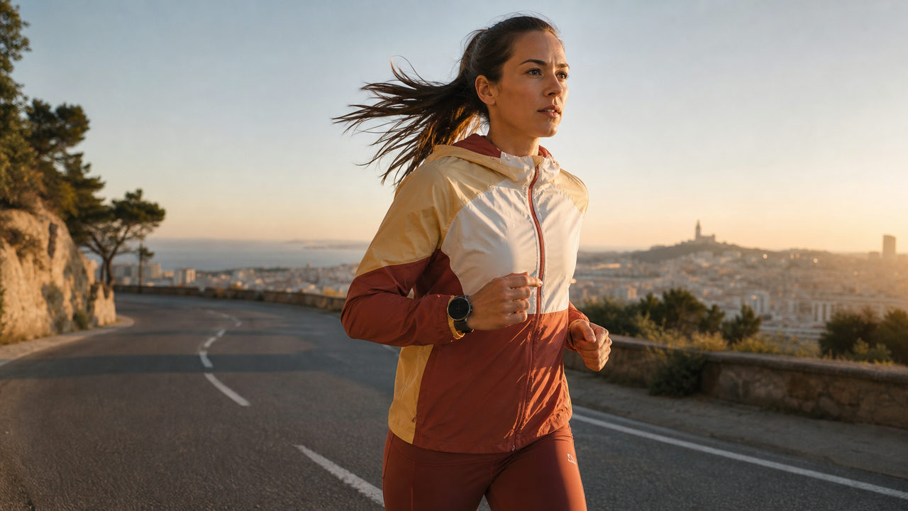 Coureur en action sur une route lors d'une séance de préparation marathon 4h00