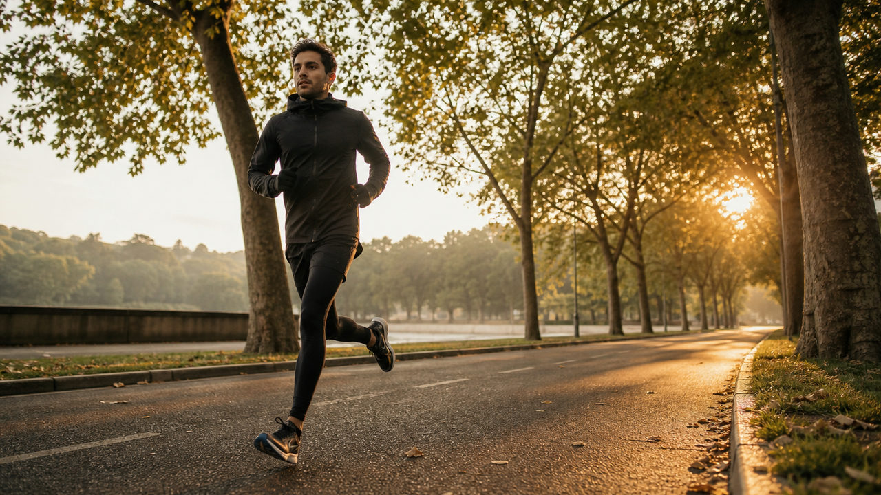 Coureur en préparation marathon sur une route boisée au lever du jour