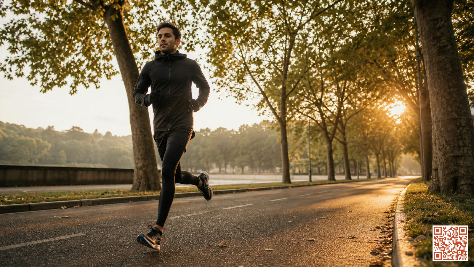 Coureur en préparation marathon sur une route boisée au lever du jour