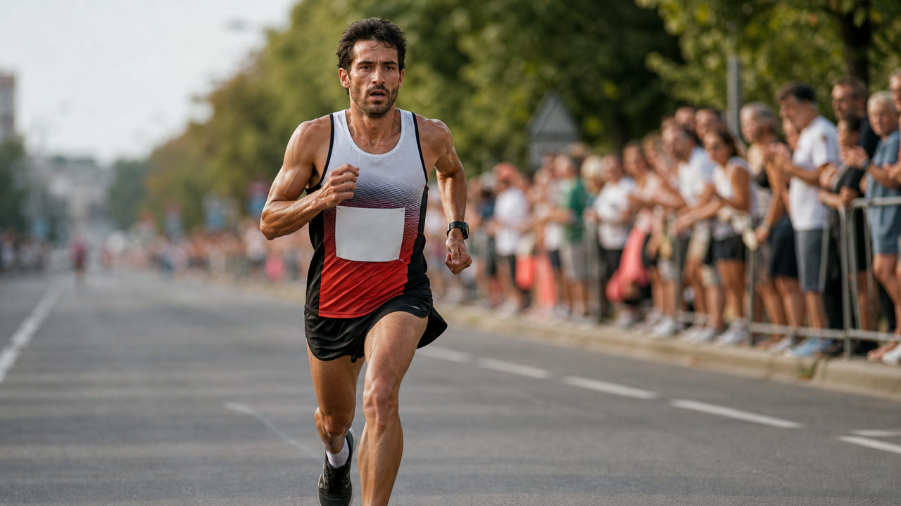 Coureur en compétition sur un semi-marathon, maintenant l'allure cible de 4:02 par kilomètre