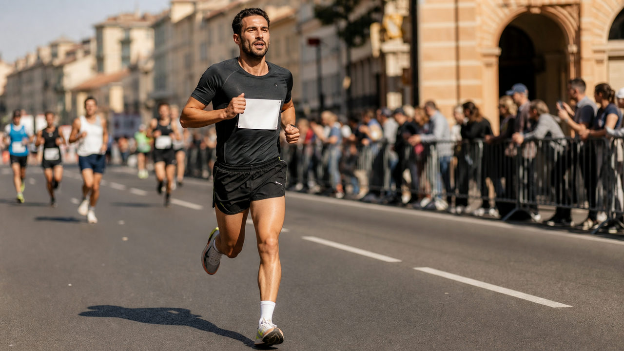 Coureur avec dossard maintenant une allure rapide sur route urbaine lors d'un semi-marathon