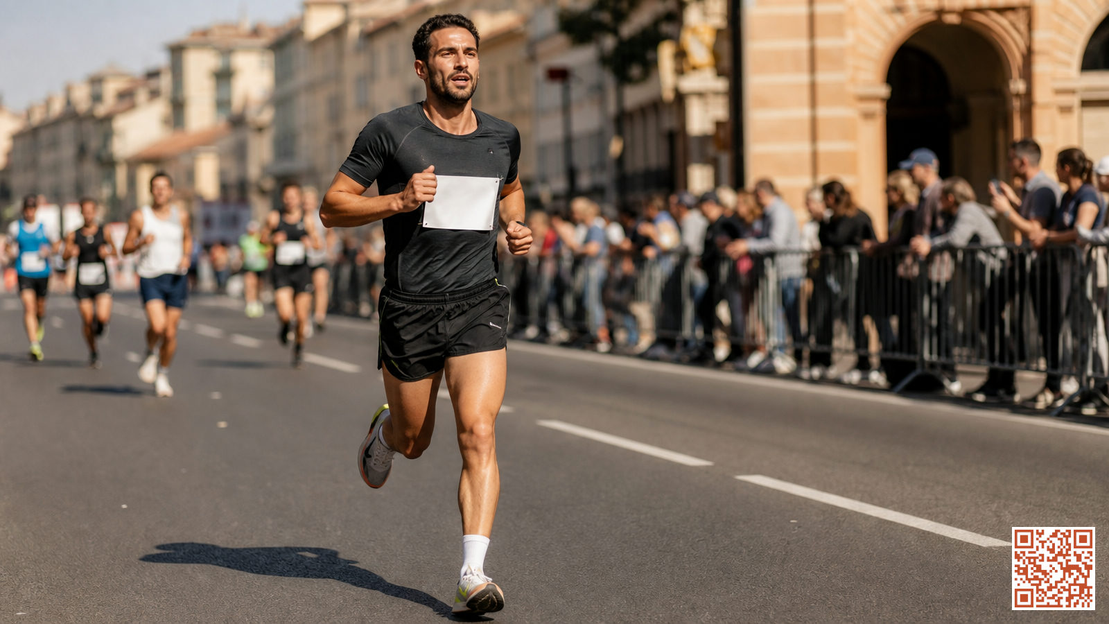 Coureur avec dossard maintenant une allure rapide sur route urbaine lors d'un semi-marathon