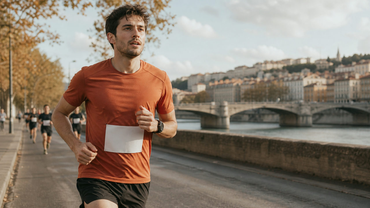 Coureur en course sur route lors d'un semi-marathon, montre GPS au poignet, allure soutenue à 4:44 par kilomètre