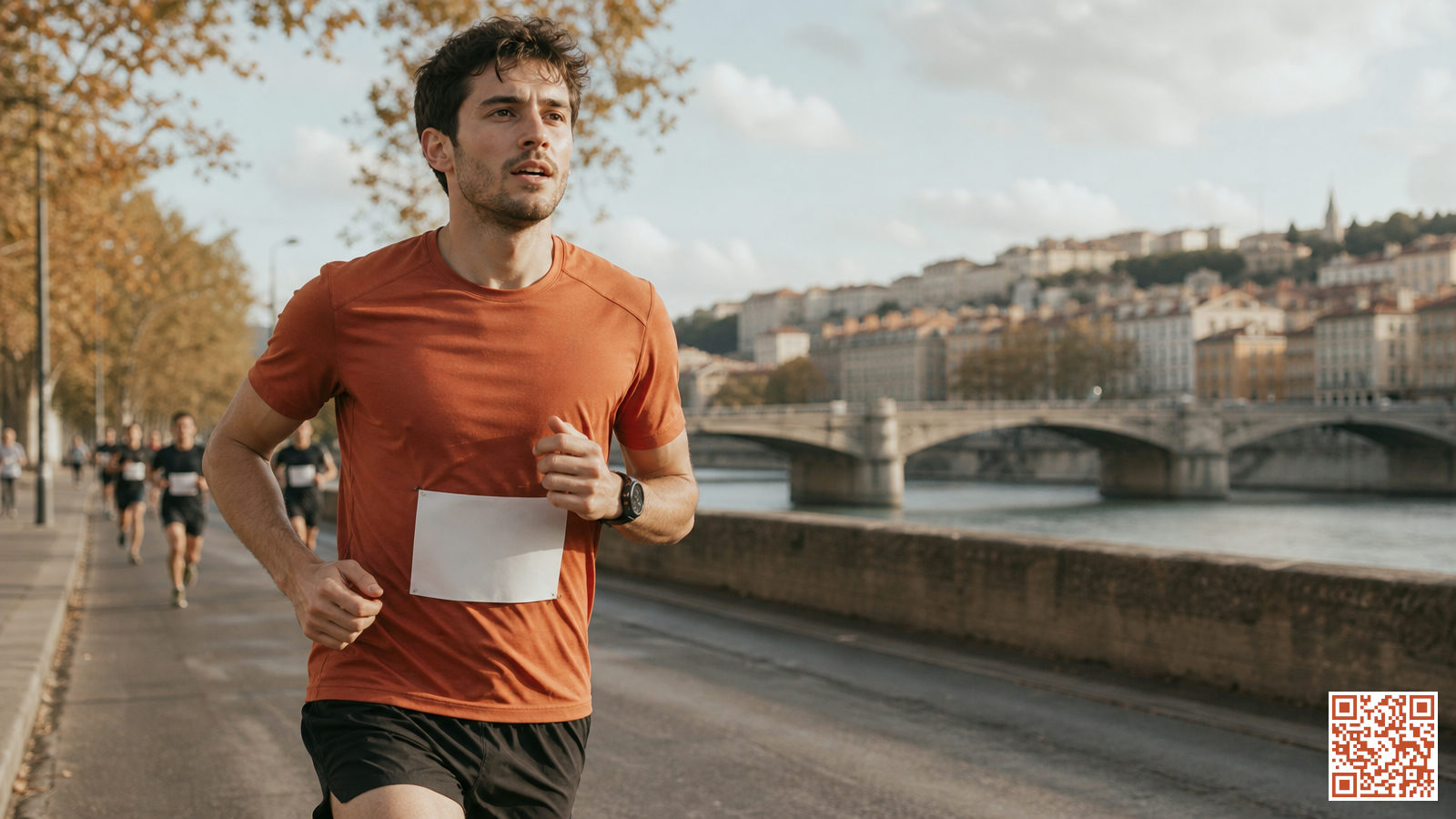 Coureur en course sur route lors d'un semi-marathon, montre GPS au poignet, allure soutenue à 4:44 par kilomètre