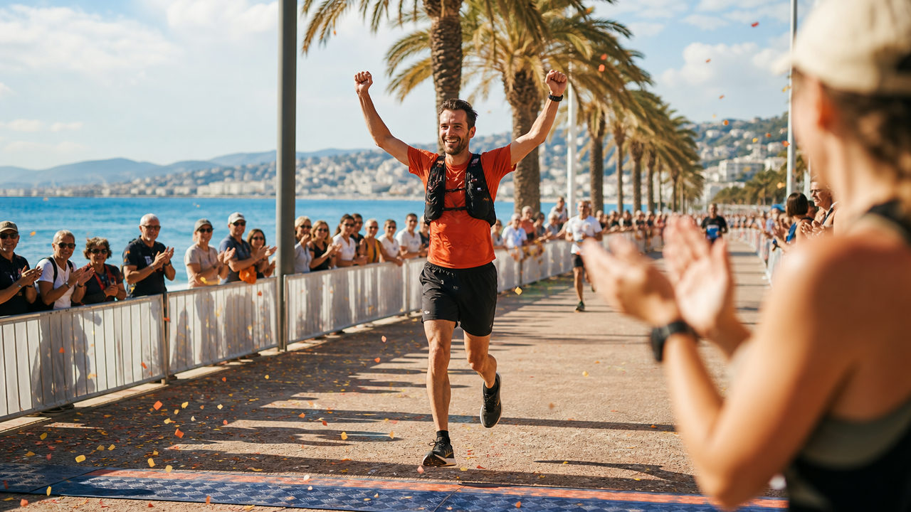 Coureur franchissant la ligne d'arrivée d'un marathon emblématique en France, le long d'un front de mer ensoleillé avec des palmiers et des spectateurs