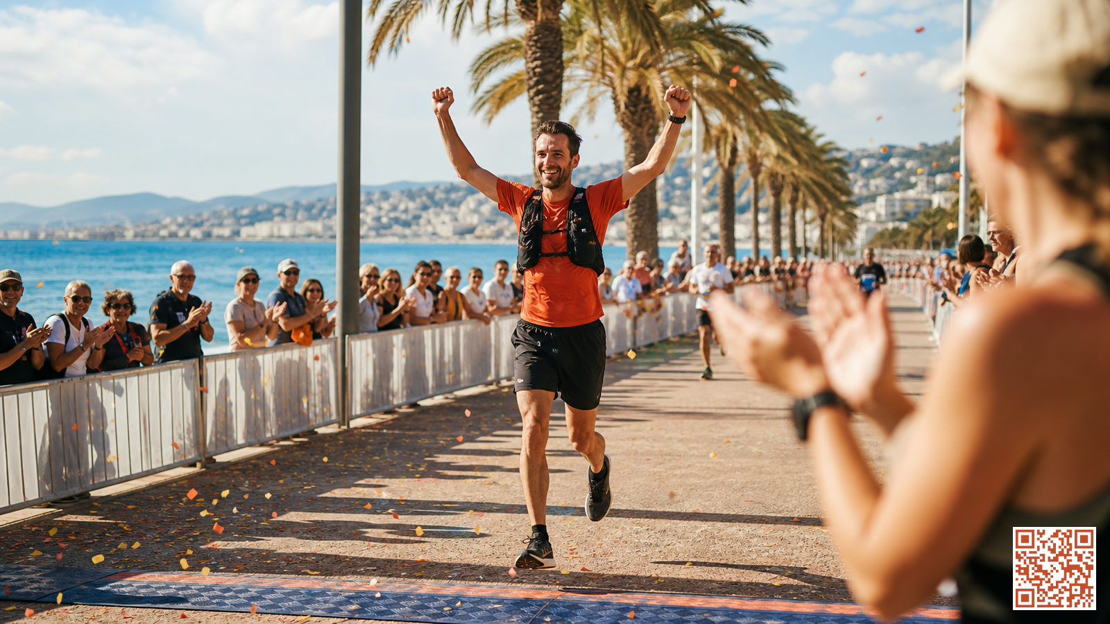 Coureur franchissant la ligne d'arrivée d'un marathon emblématique en France, le long d'un front de mer ensoleillé avec des palmiers et des spectateurs