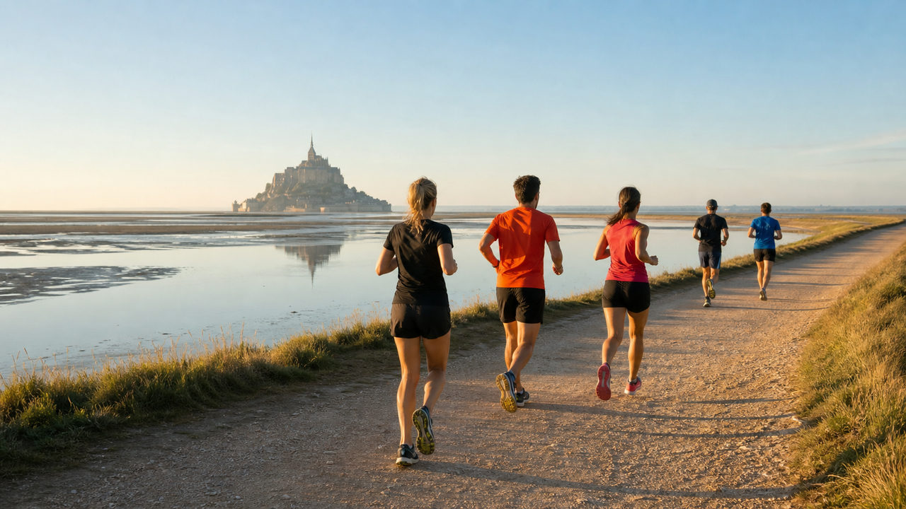 Coureurs sur un parcours de semi-marathon longeant une baie côtière française, avec un site historique insulaire en arrière-plan au lever du soleil