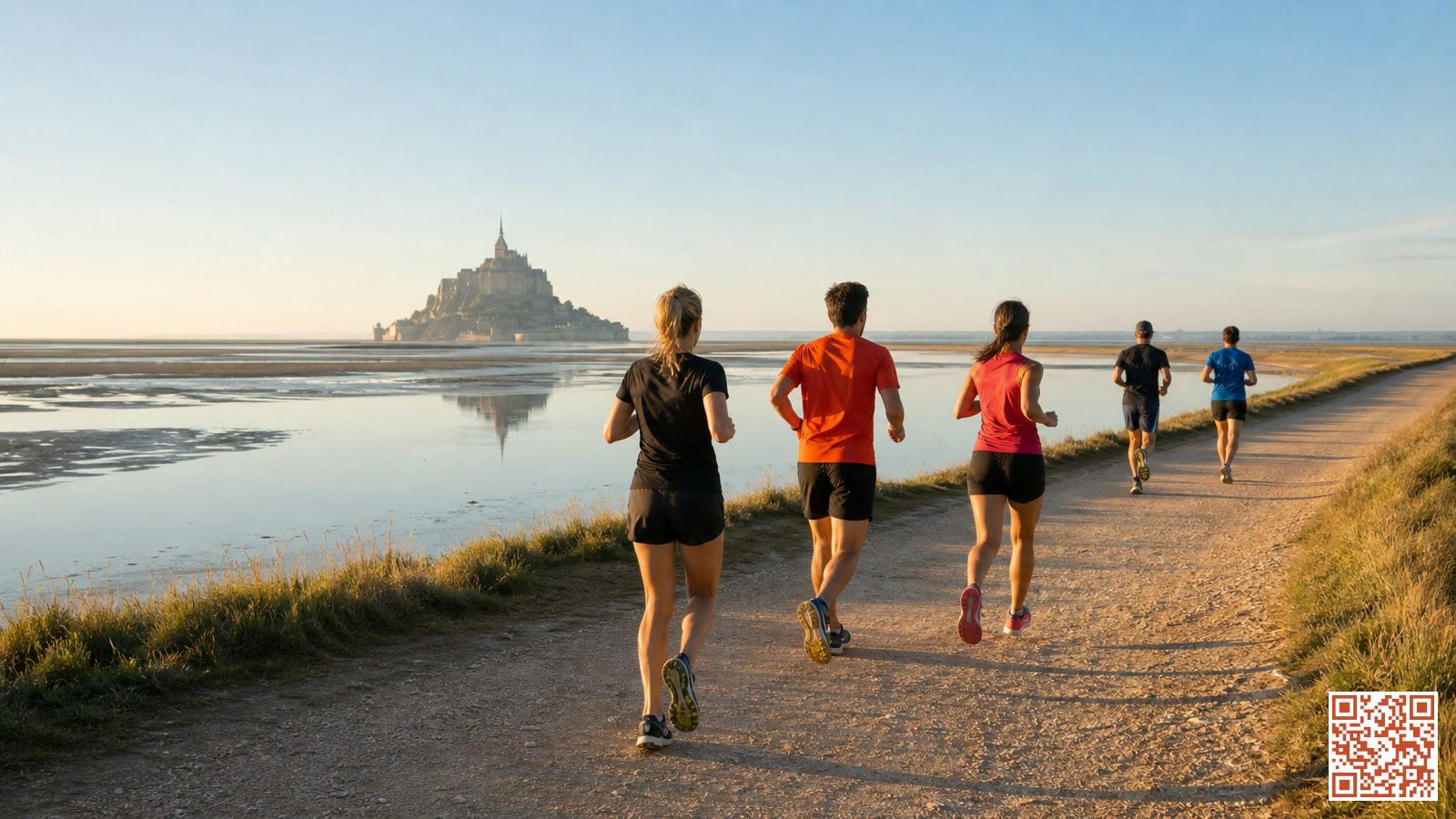 Coureurs sur un parcours de semi-marathon longeant une baie côtière française, avec un site historique insulaire en arrière-plan au lever du soleil