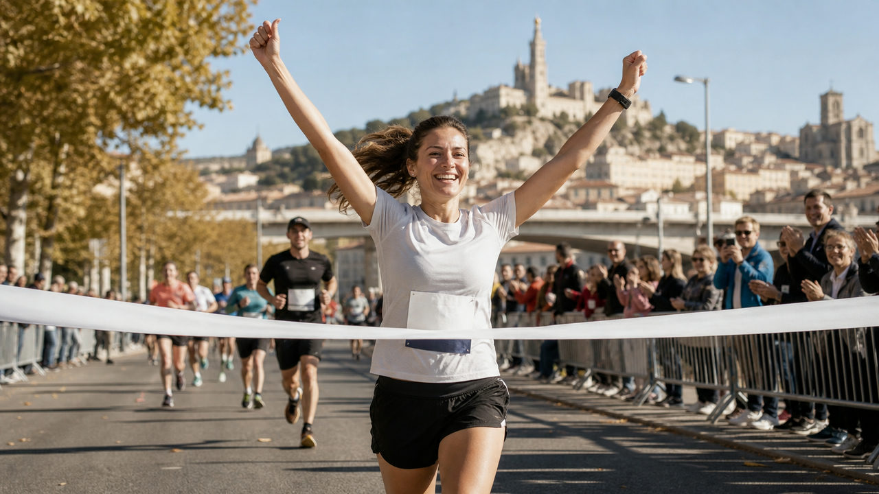 Coureur débutant franchissant la ligne d'arrivée d'un semi-marathon, souriant et les bras levés en signe de victoire