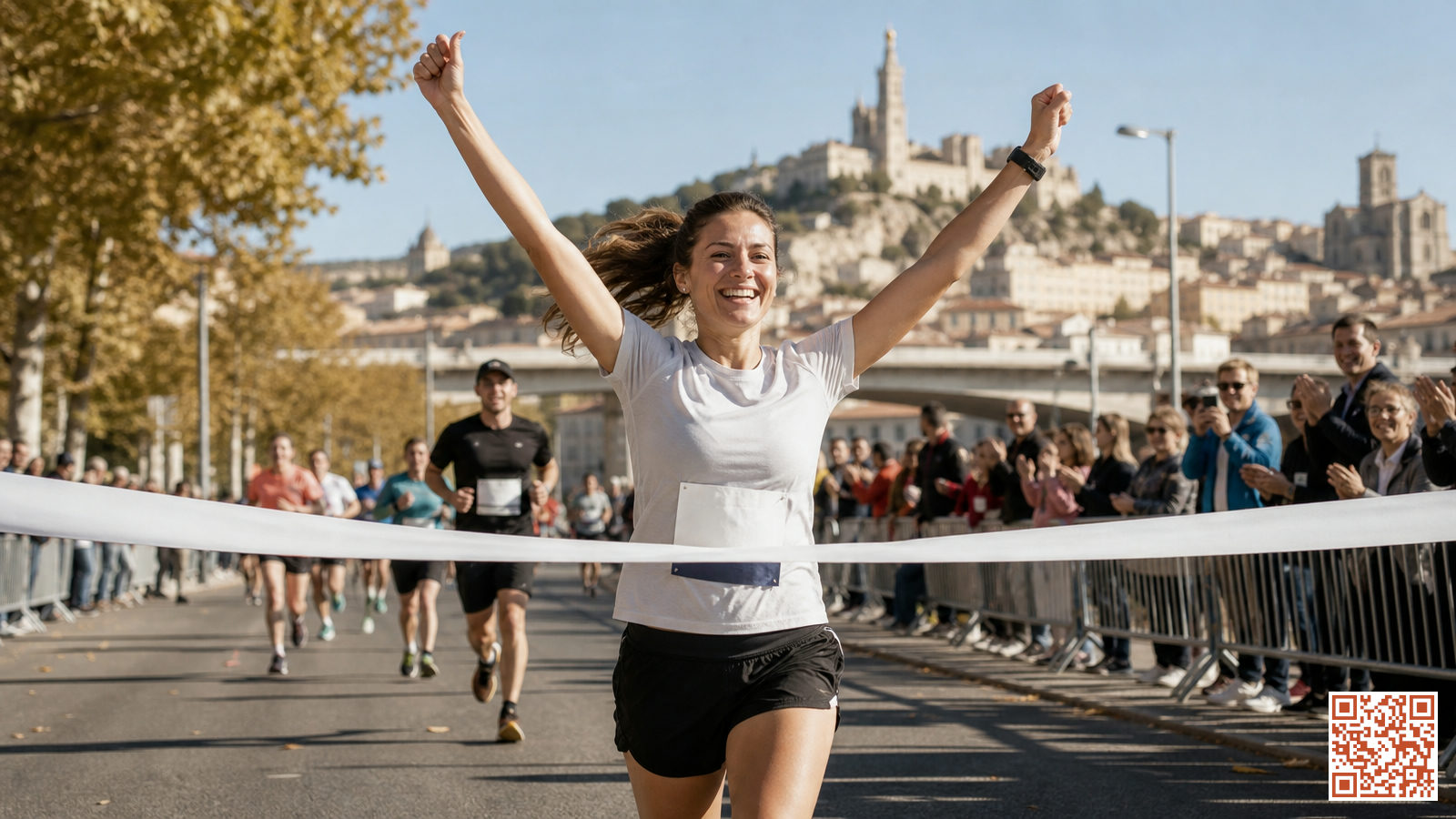 Coureur débutant franchissant la ligne d'arrivée d'un semi-marathon, souriant et les bras levés en signe de victoire