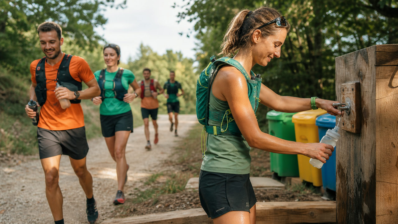 Coureurs remplissant leurs flasques réutilisables à un poste de ravitaillement zéro déchet lors d'une course à pied en forêt