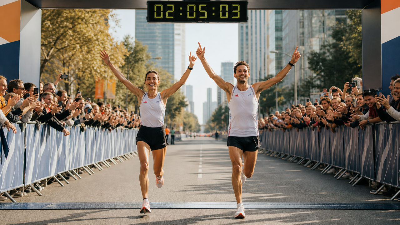 Coureurs d'élite franchissant la ligne d'arrivée d'un marathon international, chronomètre affichant un temps de record