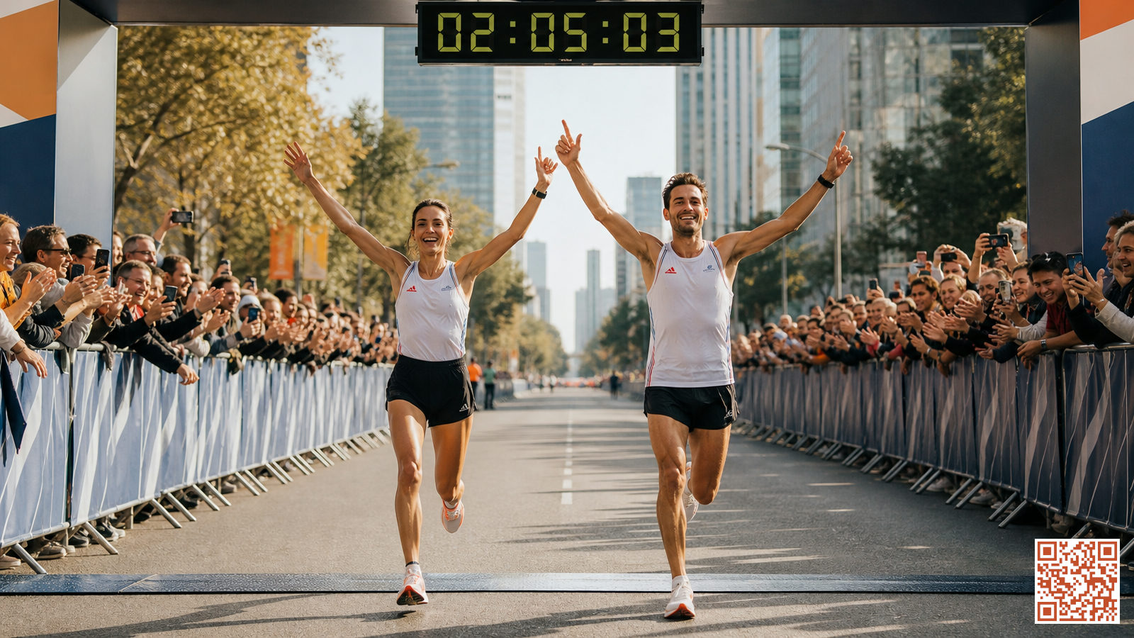 Coureurs d'élite franchissant la ligne d'arrivée d'un marathon international, chronomètre affichant un temps de record