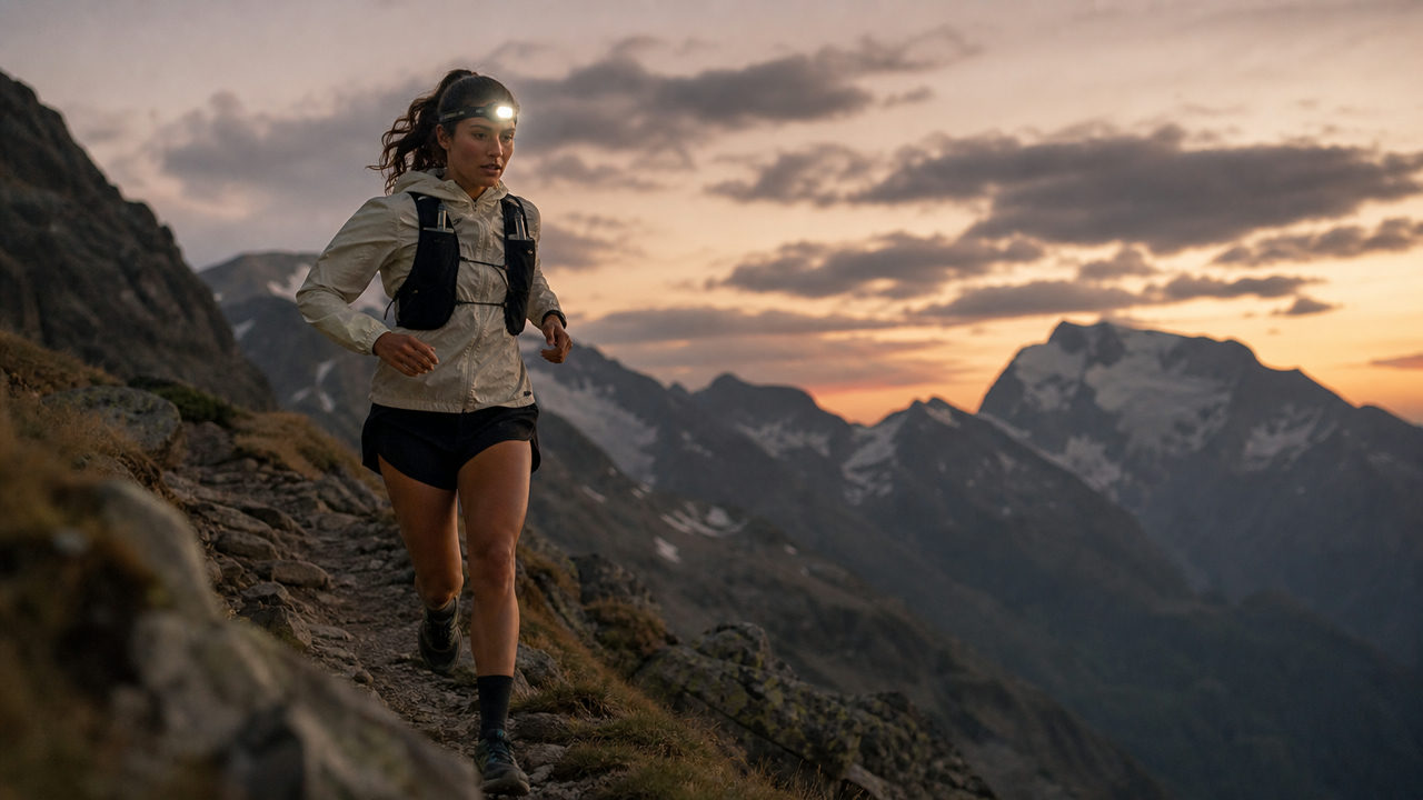 Coureuse ultra en course sur un sentier de montagne technique lors d'une épreuve de 100 miles