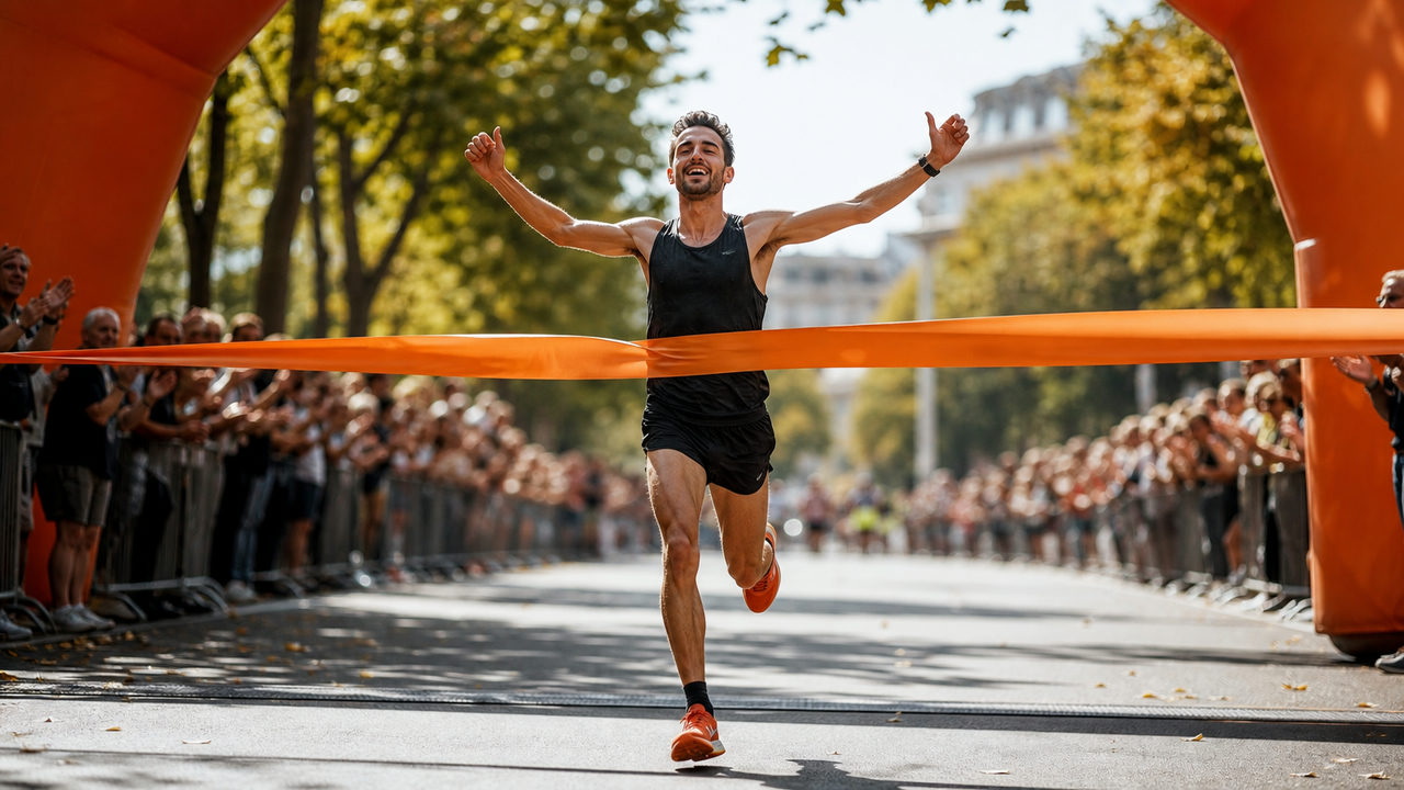 Coureur franchissant la ligne d'arrivée d'un semi-marathon sur route urbaine