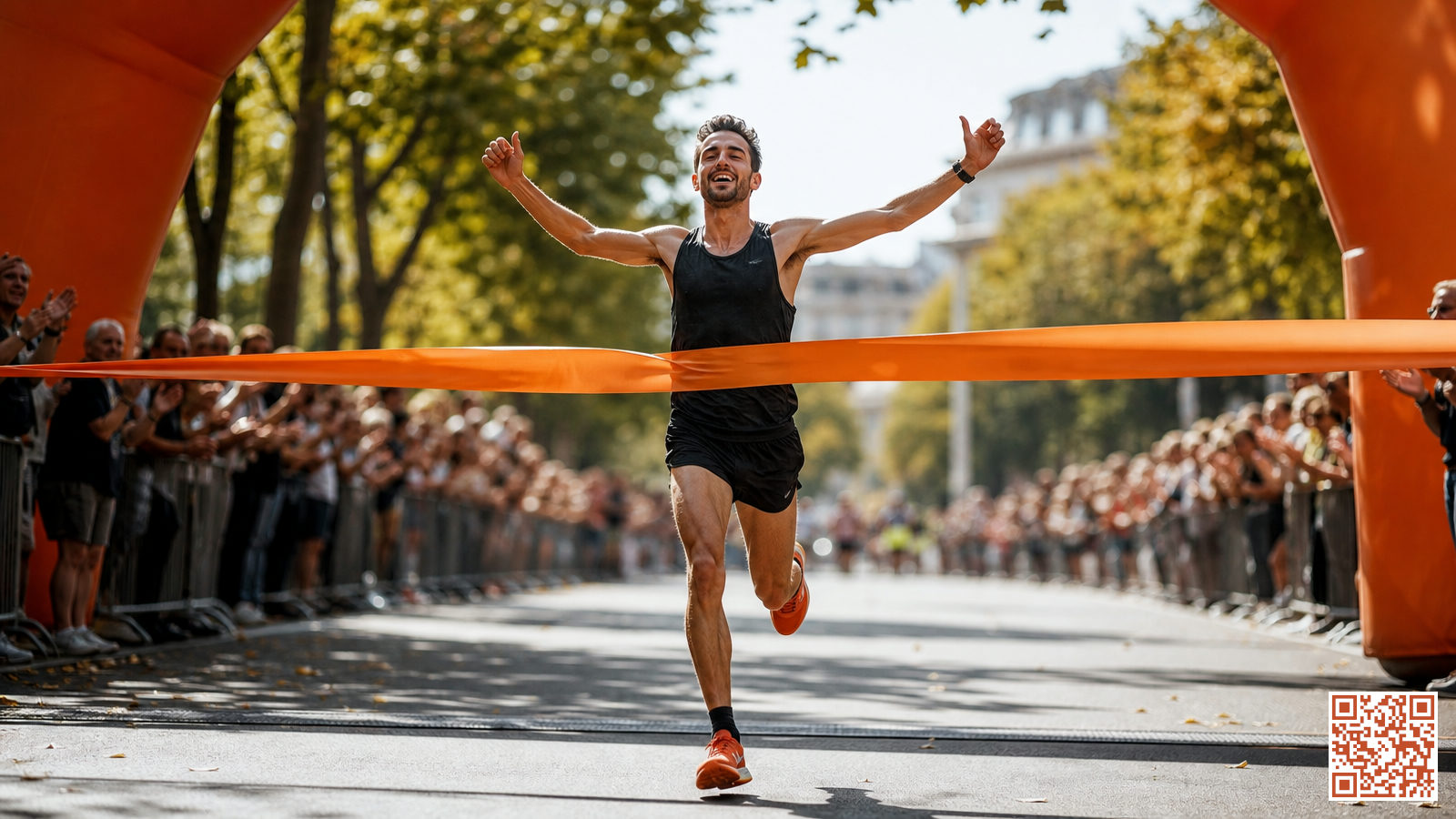 Coureur franchissant la ligne d'arrivée d'un semi-marathon sur route urbaine