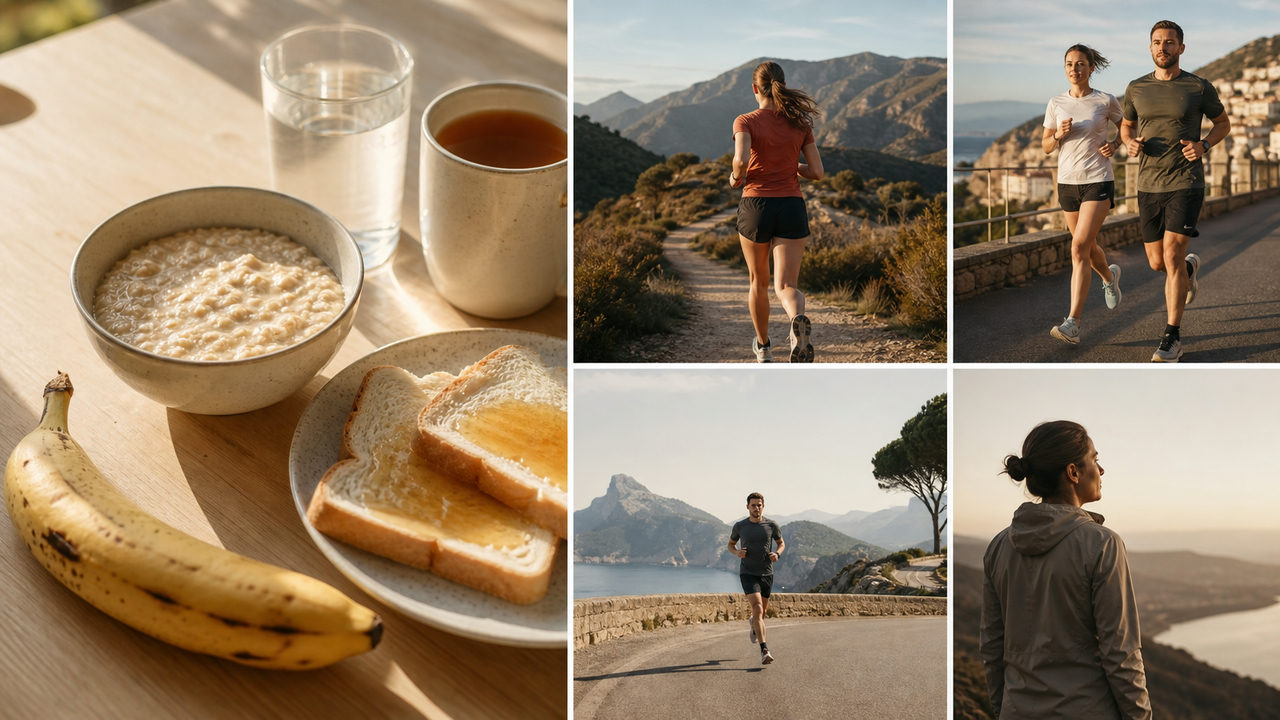 Petit déjeuner du coureur composé de flocons d'avoine, d'une banane mûre et de tartines avec du miel avant une course à pied