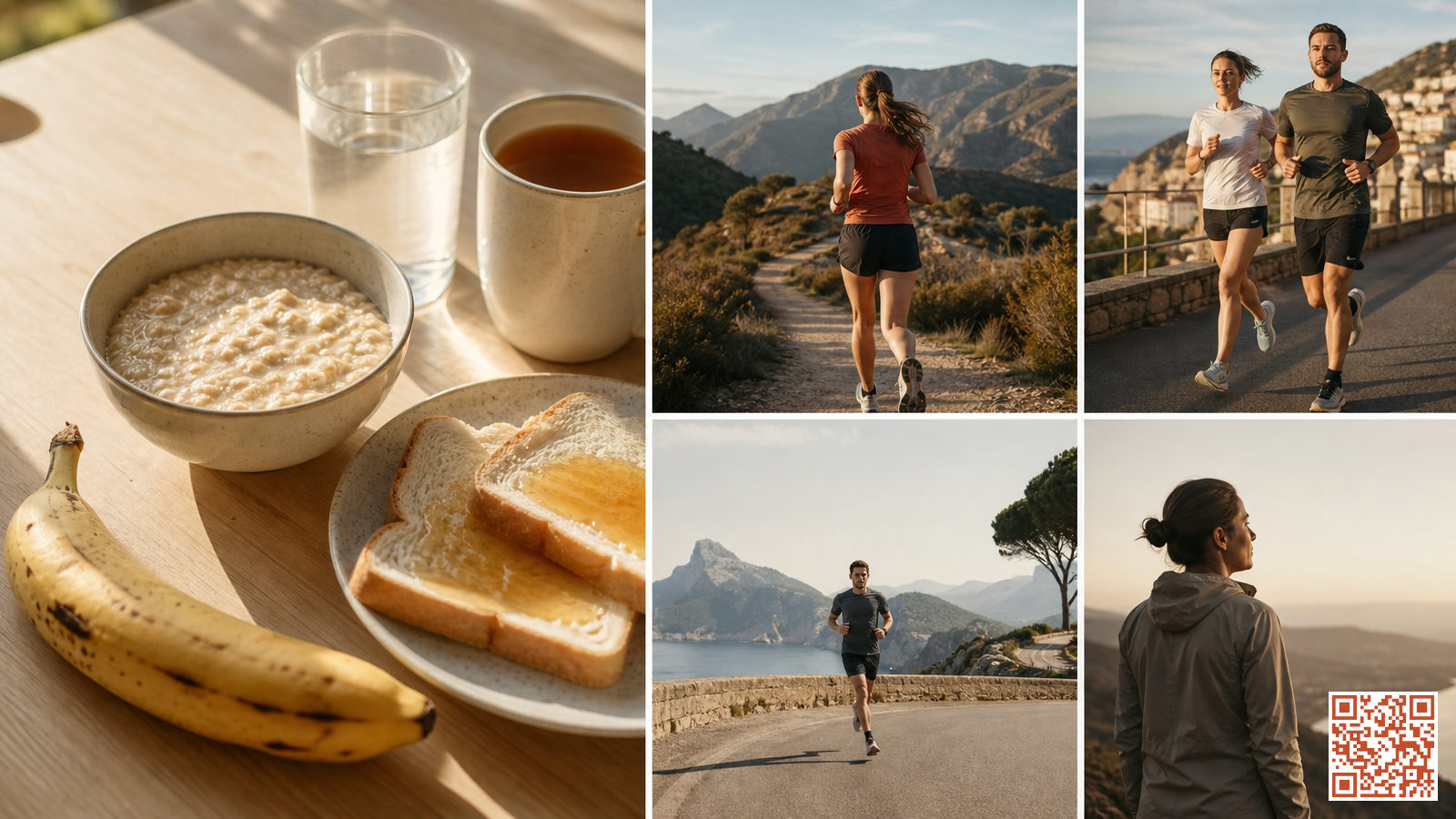 Petit déjeuner du coureur composé de flocons d'avoine, d'une banane mûre et de tartines avec du miel avant une course à pied