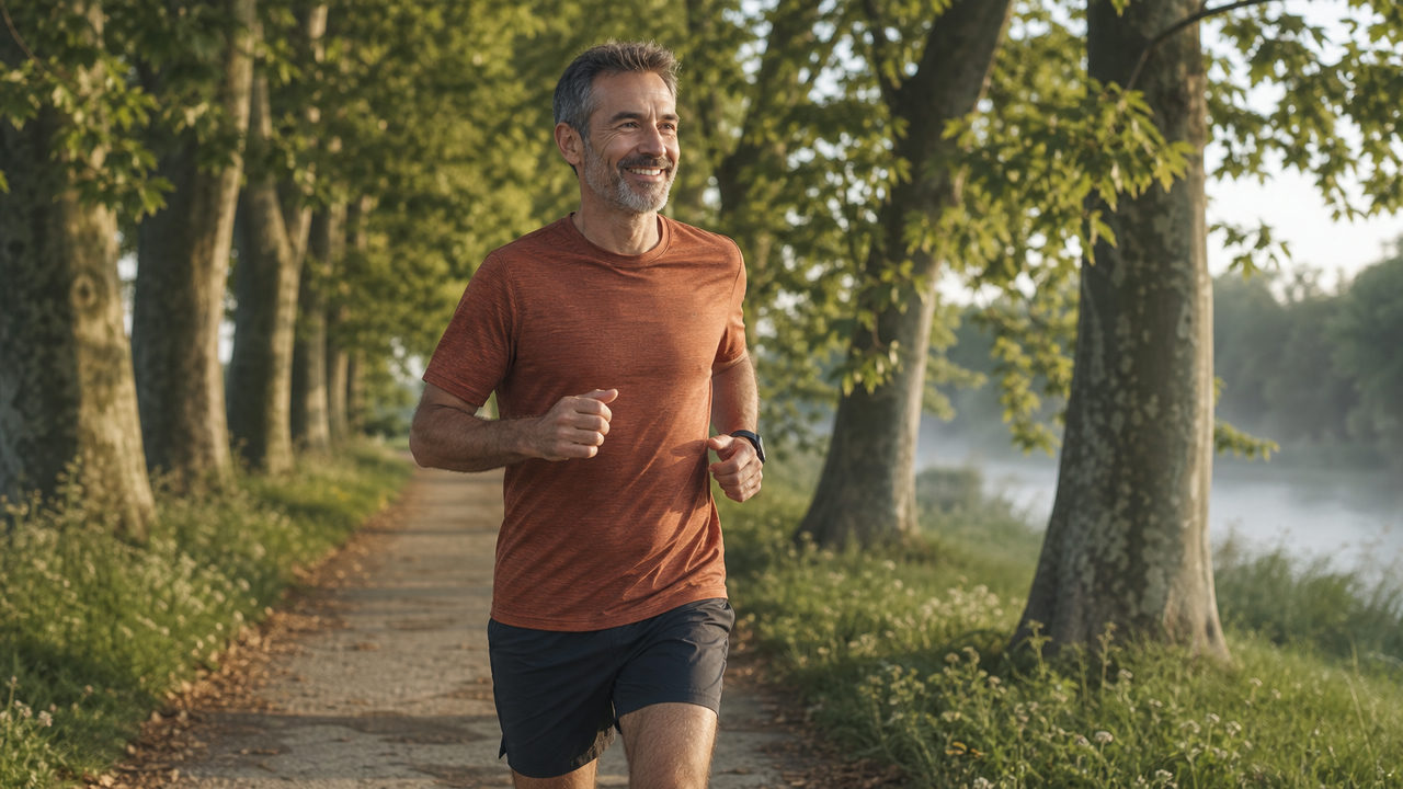 Coureur senior reprenant la course à pied à 50 ans sur un sentier de parc verdoyant
