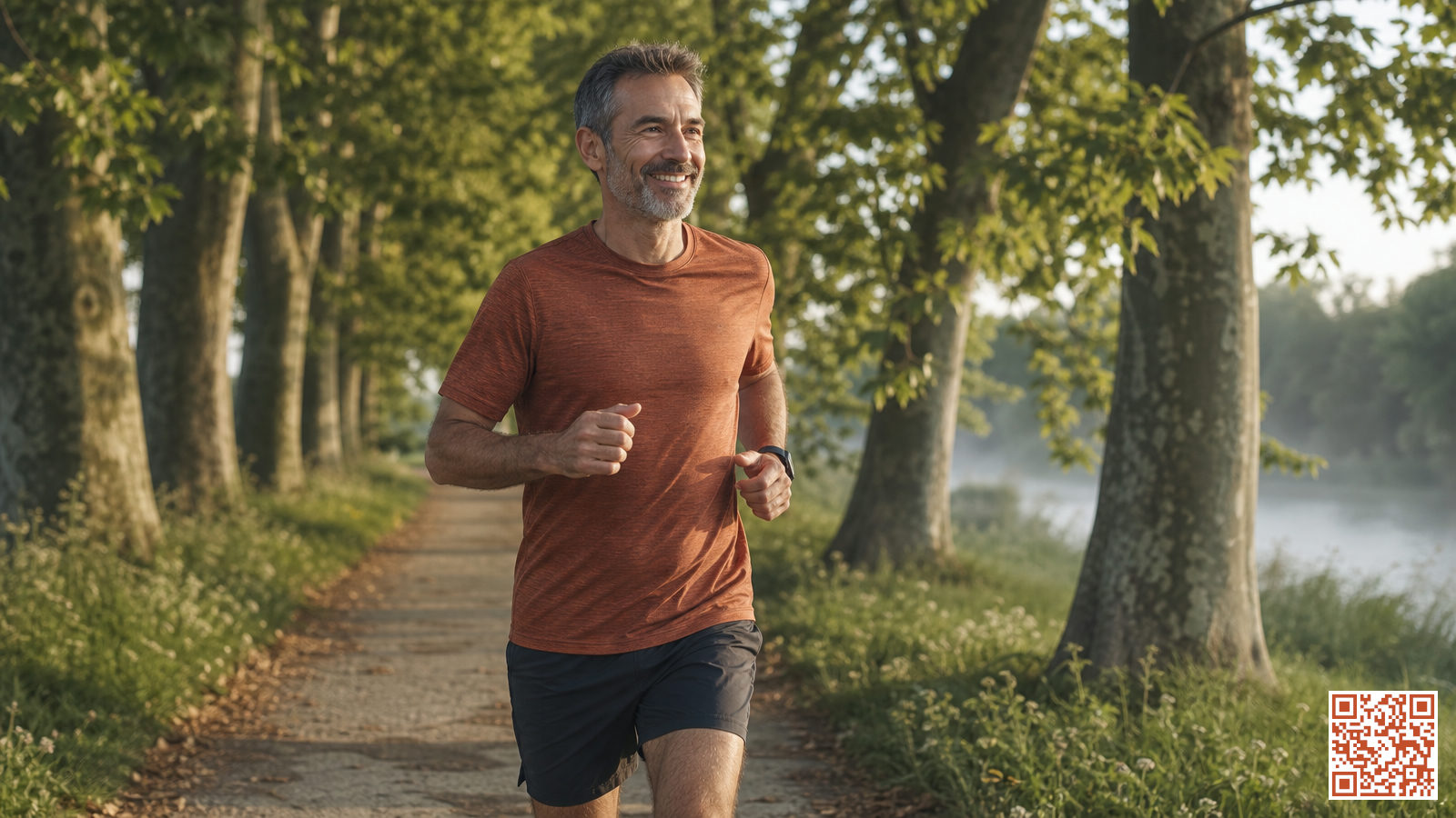 Coureur senior reprenant la course à pied à 50 ans sur un sentier de parc verdoyant
