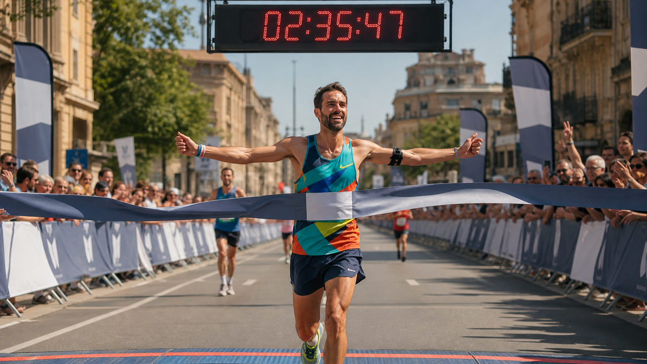 Coureur franchissant la ligne d'arrivée d'une course à pied avec un chronomètre officiel visible en arrière-plan