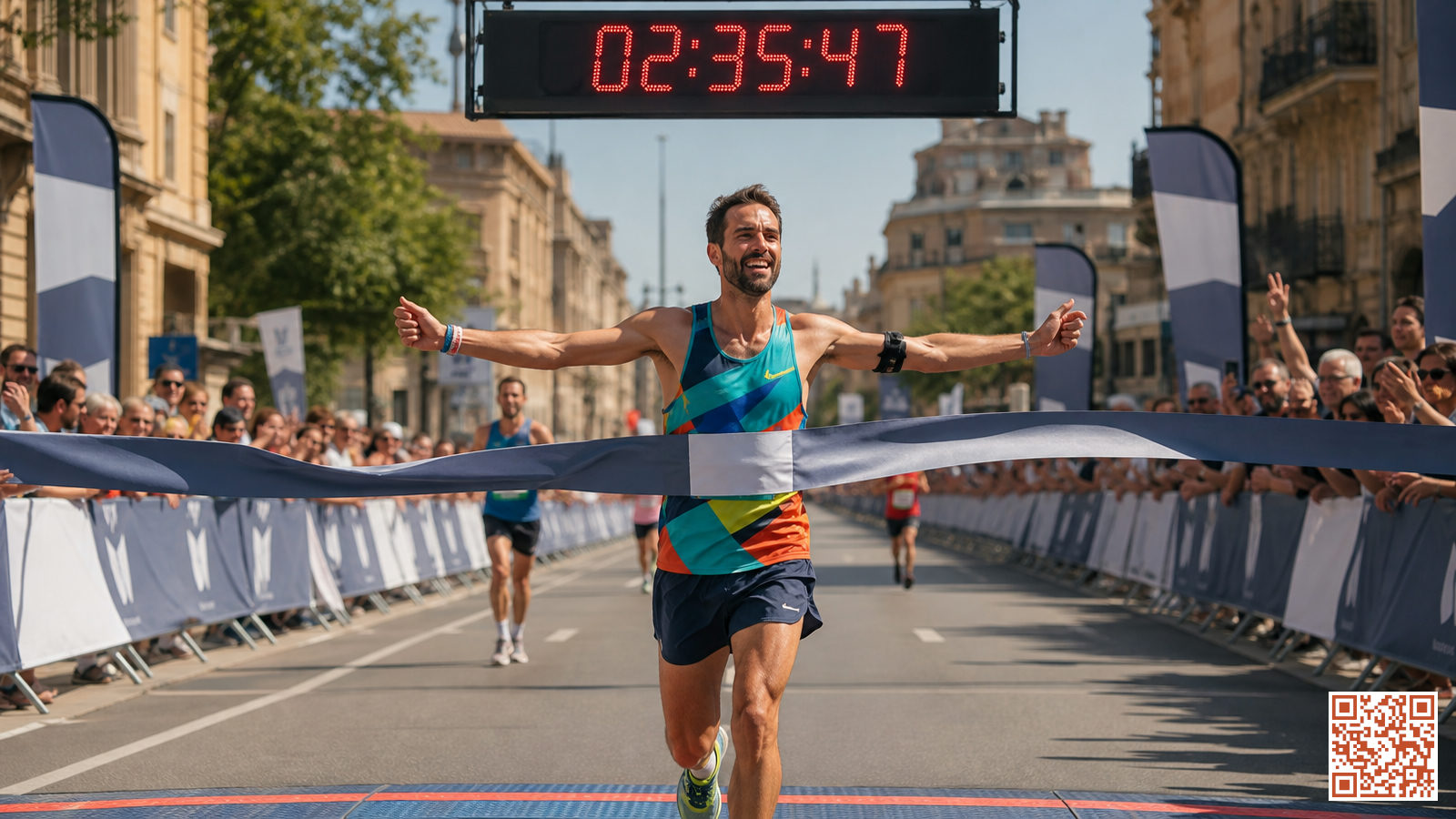 Coureur franchissant la ligne d'arrivée d'une course à pied avec un chronomètre officiel visible en arrière-plan
