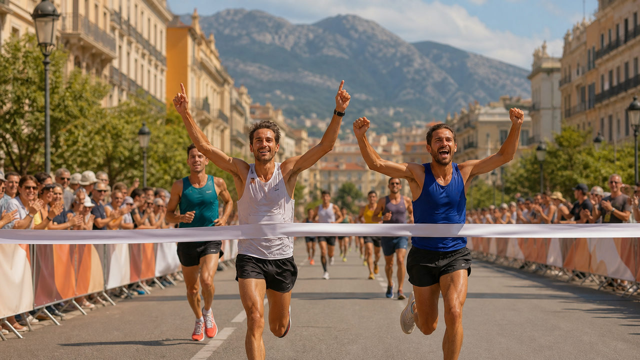 Coureurs franchissant la ligne d'arrivée d'un semi-marathon dans une ville européenne avec architecture historique et montagnes en arrière-plan