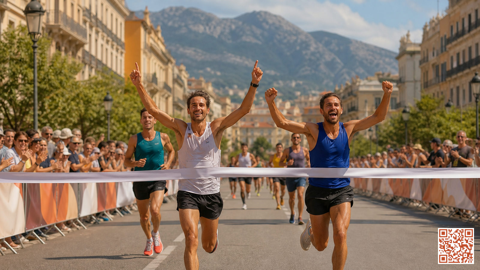 Coureurs franchissant la ligne d'arrivée d'un semi-marathon dans une ville européenne avec architecture historique et montagnes en arrière-plan