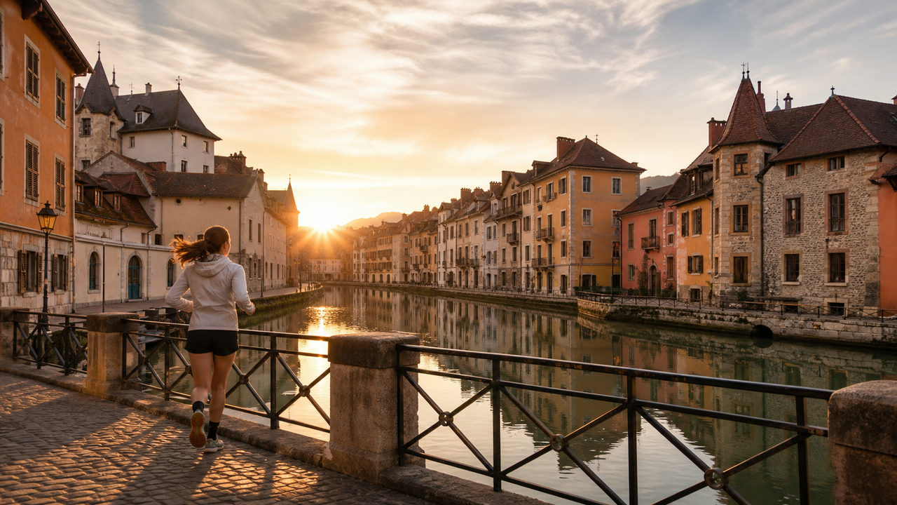 Coureur traversant un pont historique au lever du soleil dans une ville européenne lors d'une sortie sightrunning