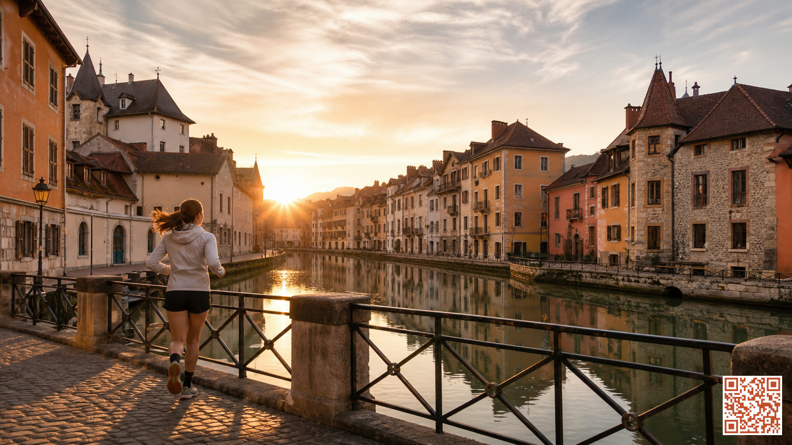 Coureur traversant un pont historique au lever du soleil dans une ville européenne lors d'une sortie sightrunning