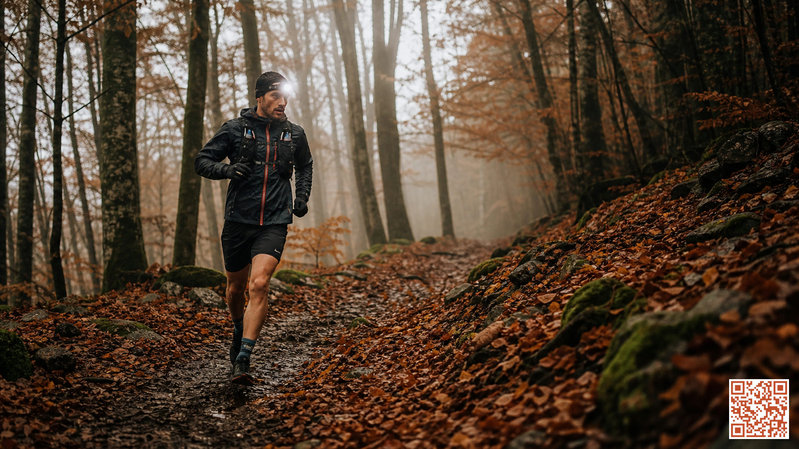 Coureur de trail sur un sentier boueux en forêt d'automne, feuilles colorées au sol et brume entre les arbres