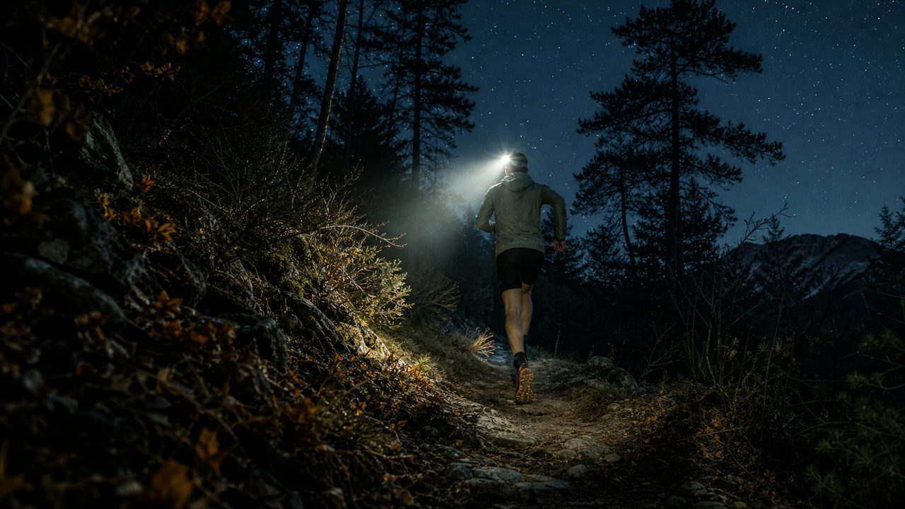 Coureur avec lampe frontale sur un sentier forestier de nuit lors d'un trail nocturne
