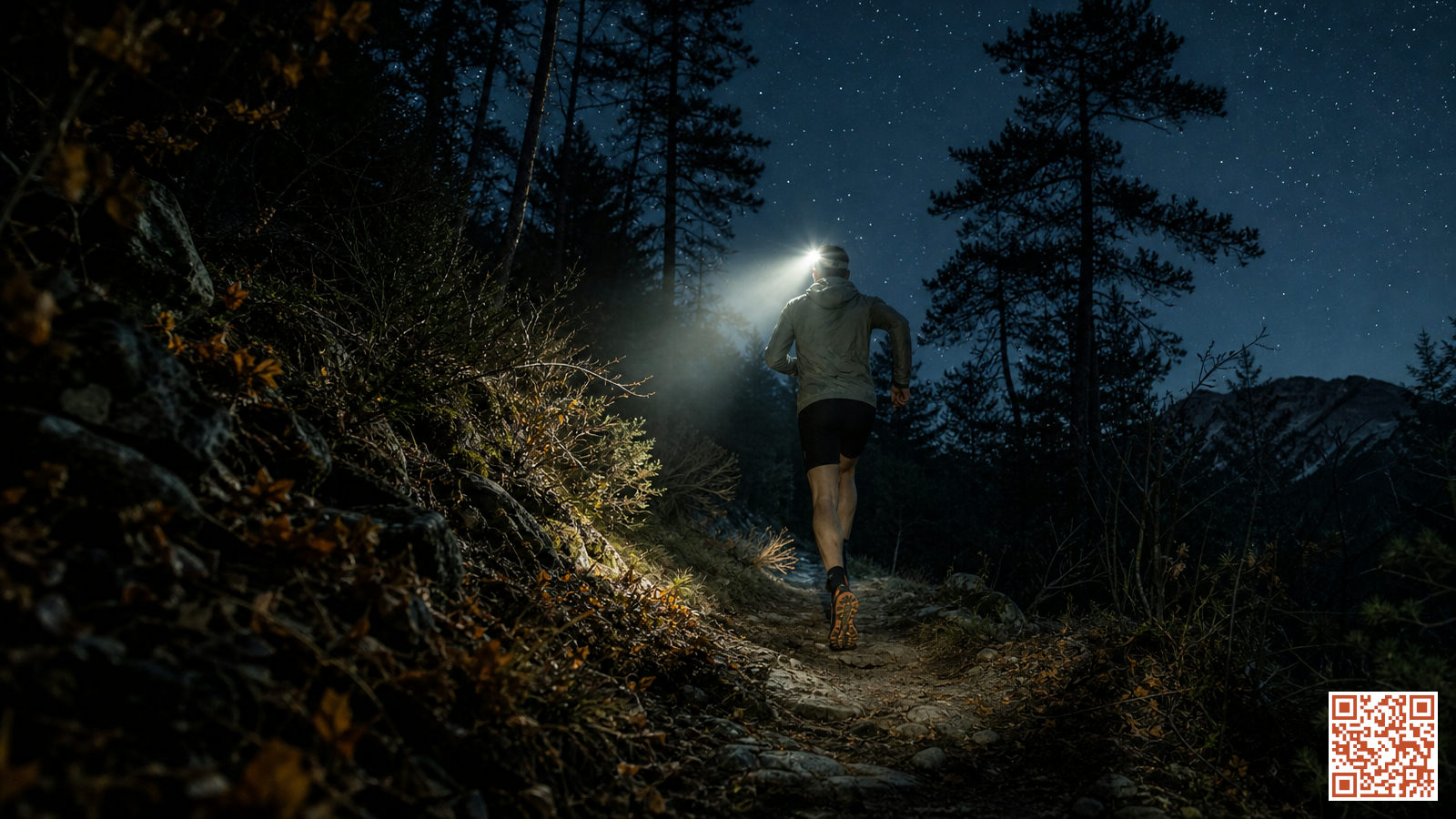 Coureur avec lampe frontale sur un sentier forestier de nuit lors d'un trail nocturne