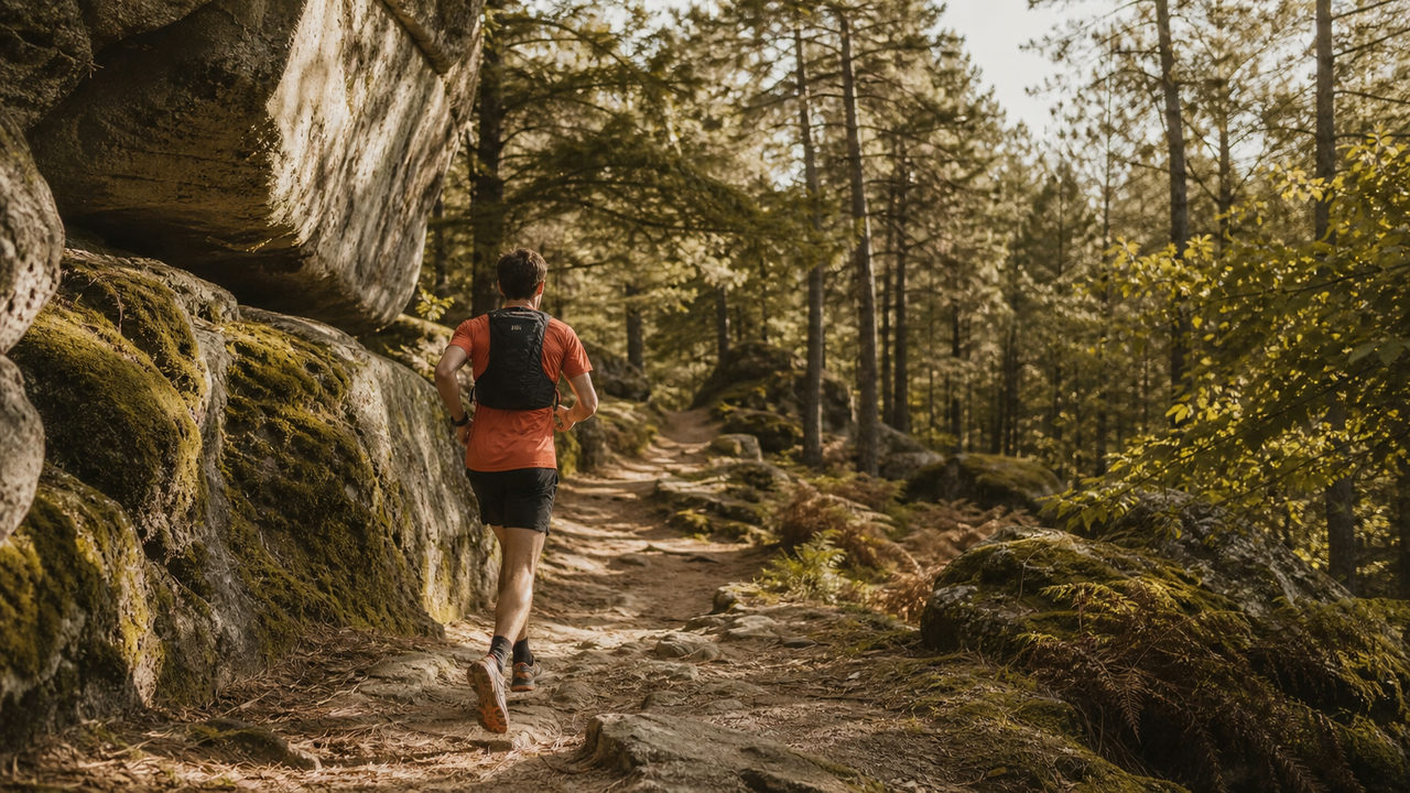Coureur de trail sur un sentier rocheux en forêt d'Île-de-France entouré de chaos de grès