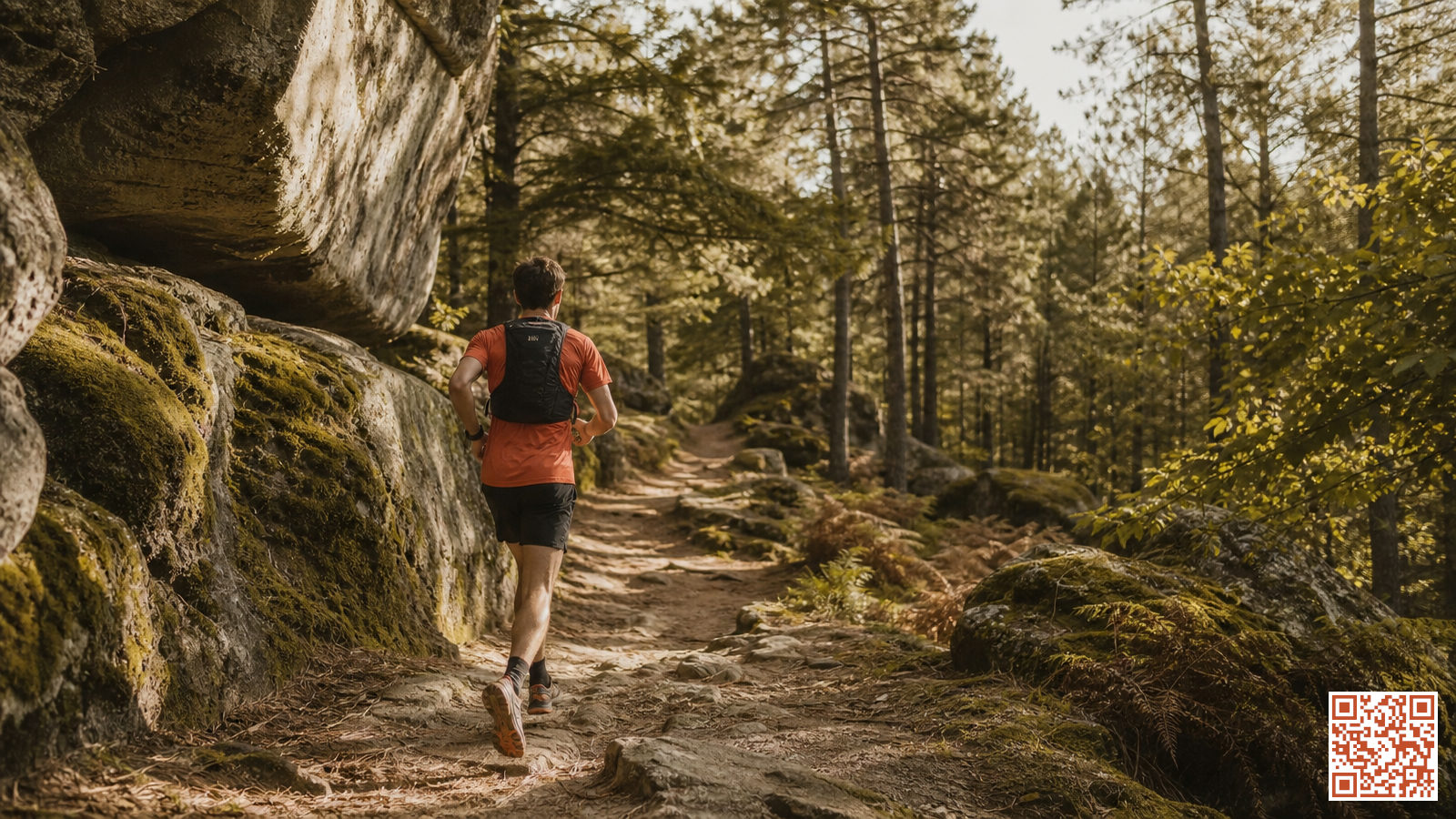 Coureur de trail sur un sentier rocheux en forêt d'Île-de-France entouré de chaos de grès
